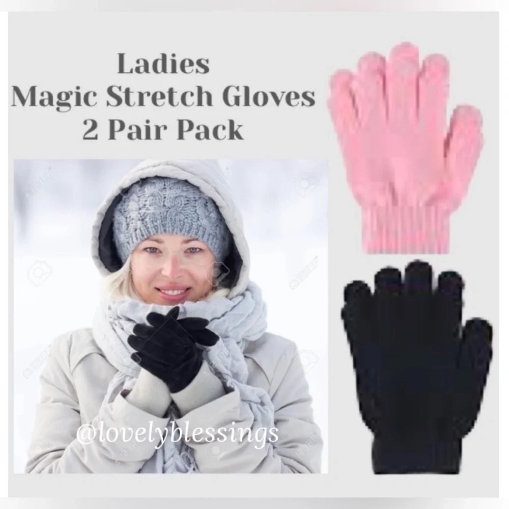 Warm Knit Stretch Gloves Winter Magic Gloves Black Pink 2 Pair Set Ladies Gloves